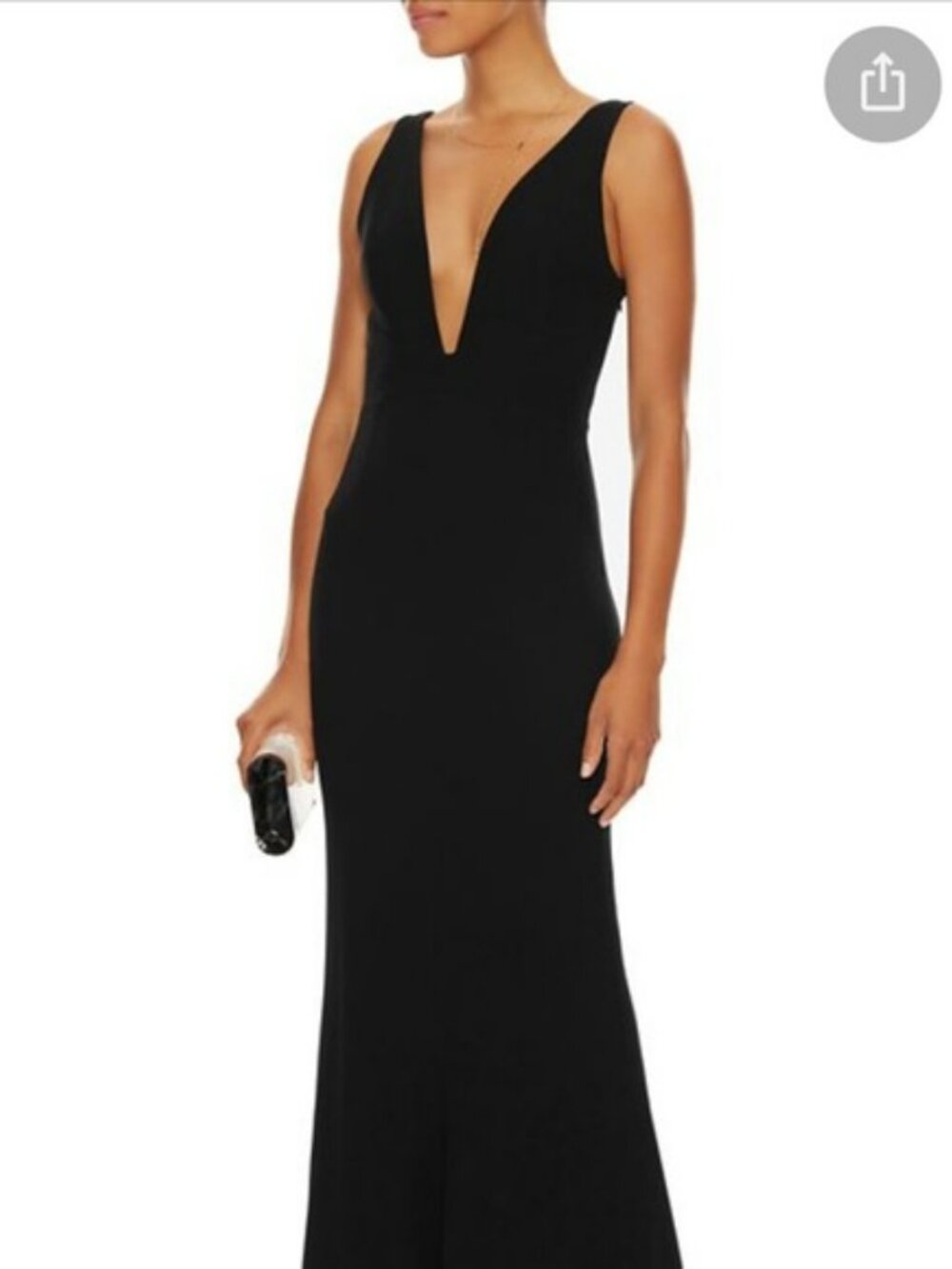 Intermix plunge neck, cut-out back black tie gown, floor length